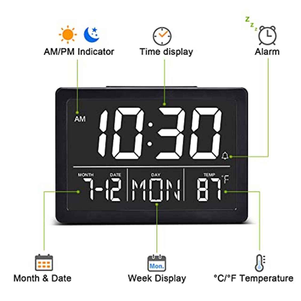 Digital Alarm Clock with Snooze, Small Clock/Table Clock, 6.3" LED Digital Calendar, 12/24H, Adjustable Brightness/Volume, Desk Clock for Bedroom, Living Room, Office - Black